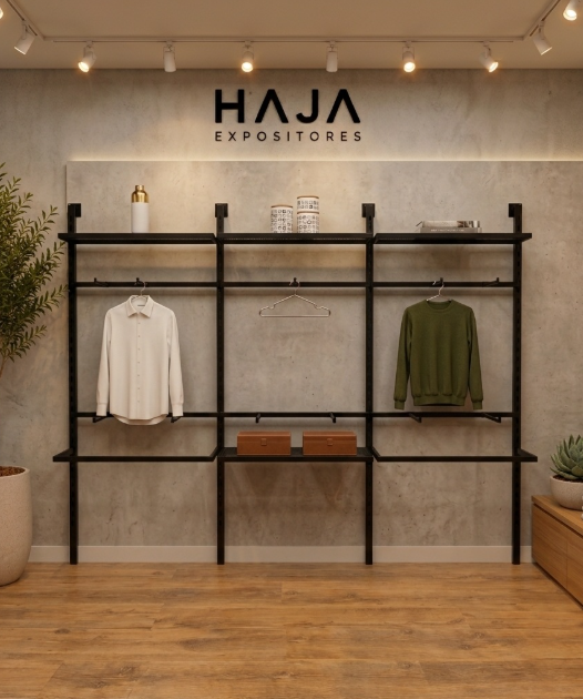 Sistema Expositor Kremalheira de Parede HAJA 3 Módulos – Flexibilidade e Design Comercial Medidas 399 cm de largo, 200 cm de alto e 40 cm de profundidade