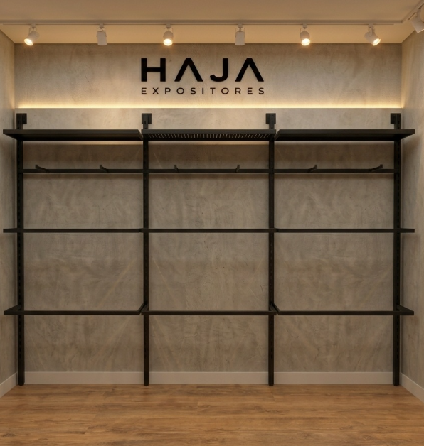 Expositor Kremalheira de Parede HAJA 3 Módulos – Flexibilidade e Design Comercial Medidas 399 cm de largo, 200 cm de alto e 40 cm de profundidade