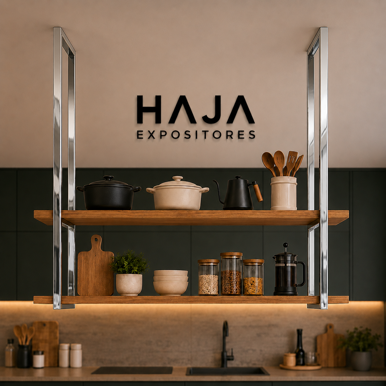Prateleira Dupla de Teto HAJA – Metal (Cromado) e MDF