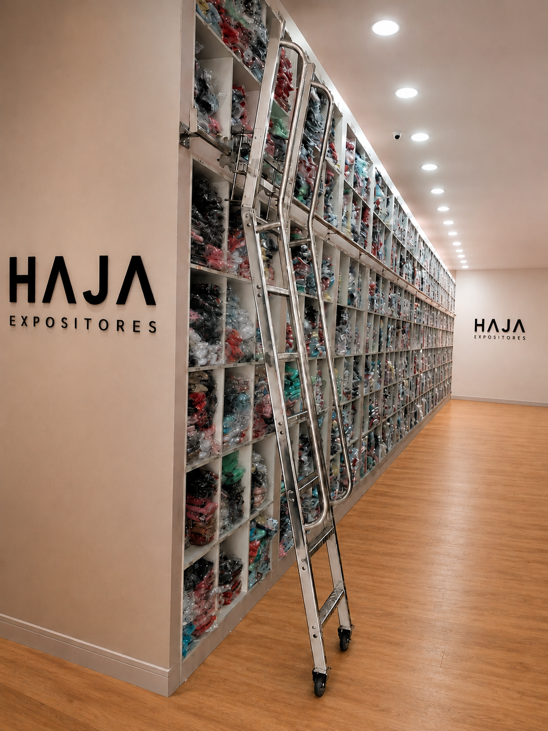 Escada Deslizante -Estante- HAJA – Trilho Aéreo com Rodízios