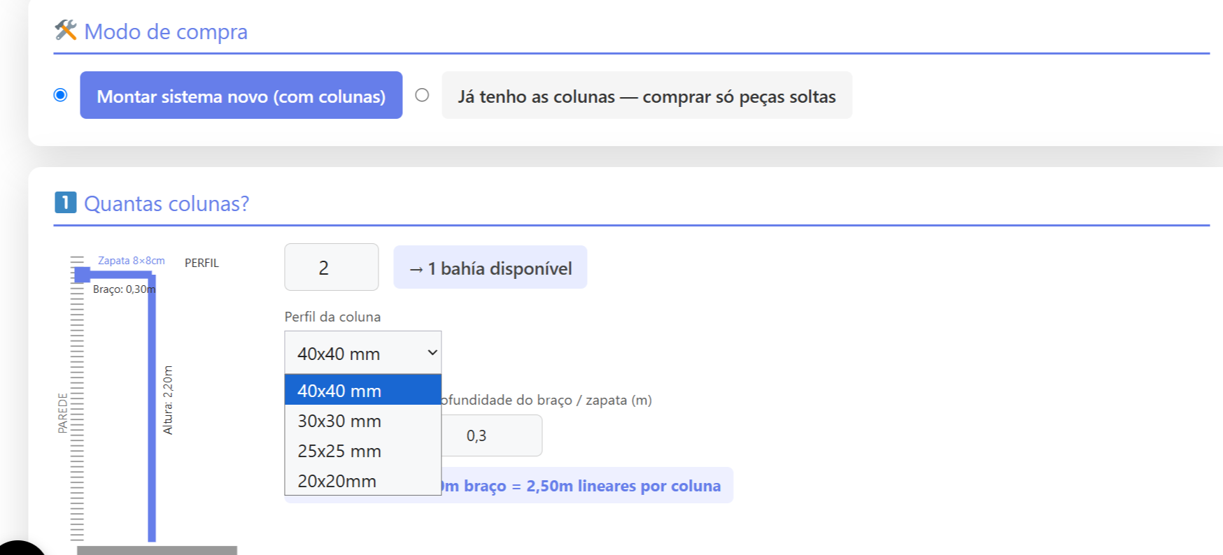 Escolha do Perfil das Colunas