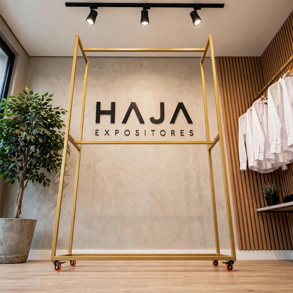 Arara Dourada de Roupa Dupla Alta com Rodas de 2.25 metros de altura por 1.5 metros de largura e 0.45 metros de profundidade, com pintura eletrostática fosca, posicionada em showroom elegante com o logotipo da HAJA Expositores ao fundo.