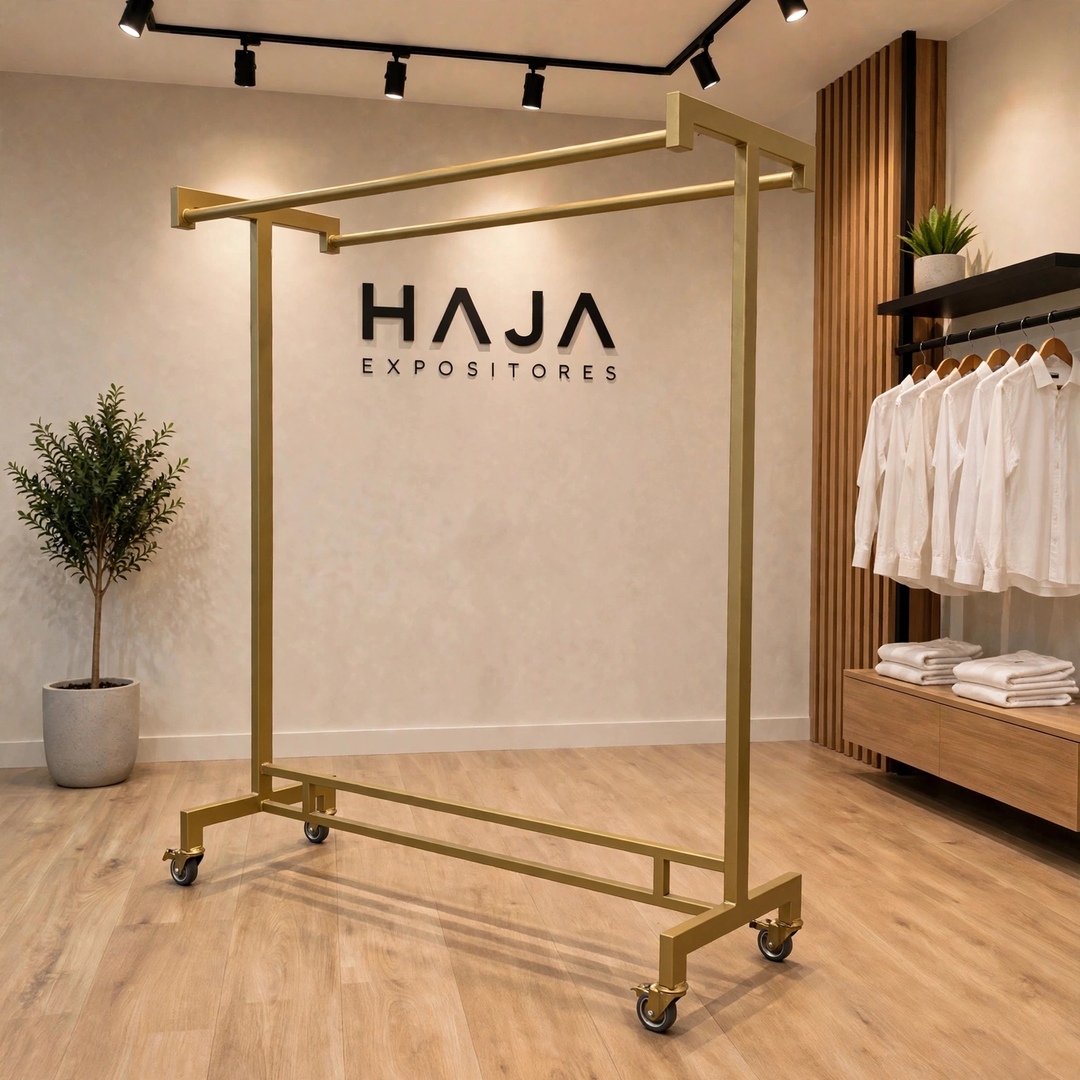 Arara Dourada de Roupa Dupla Reforçada com Rodas para peso de 1.7 metros de altura por 1.5 metros de largura, com pintura eletrostática fosca e rodinhas de silicone, posicionada em showroom elegante com o logotipo da HAJA Expositores ao fundo.