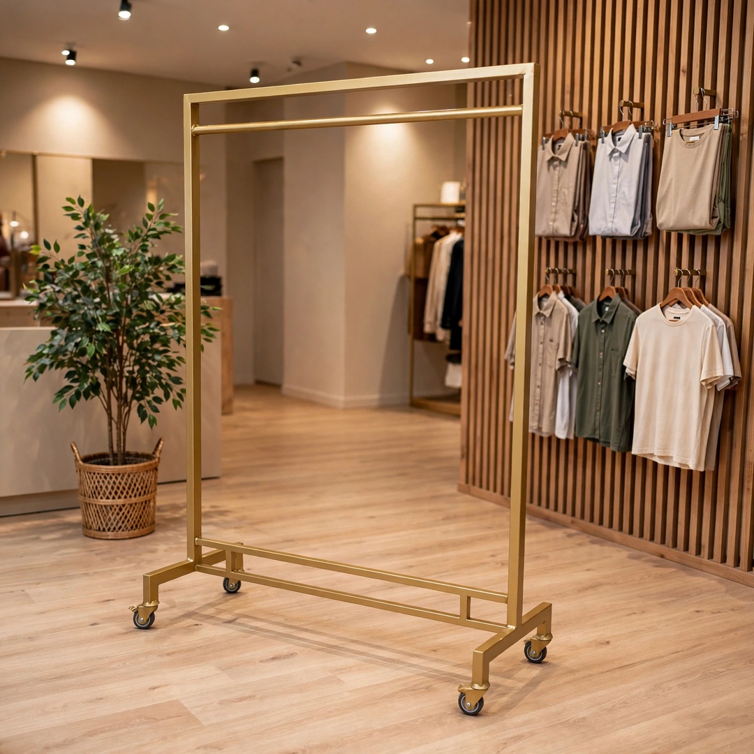 Arara Dourada de Roupa Reforçada com Rodas para peso de 2 metros de altura por 1.5 metros de largura, com pintura eletrostática fosca e rodinhas de silicone, posicionada em showroom elegante com o logotipo da HAJA Expositores ao fundo.