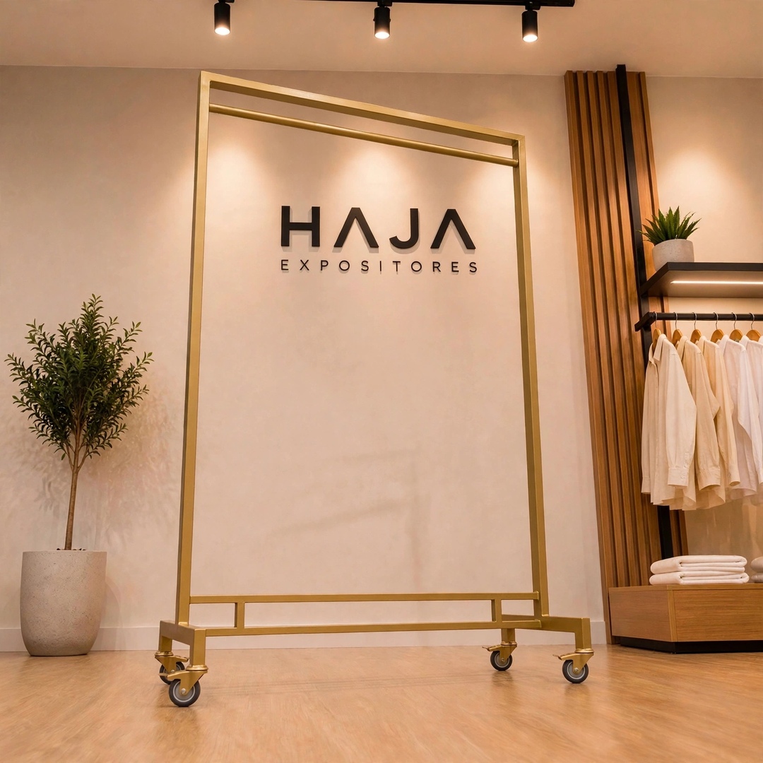 Arara Dourada de Roupa Reforçada com Rodas para peso de 2 metros de altura por 1.5 metros de largura, com pintura eletrostática fosca e rodinhas de silicone, posicionada em showroom elegante com o logotipo da HAJA Expositores ao fundo.