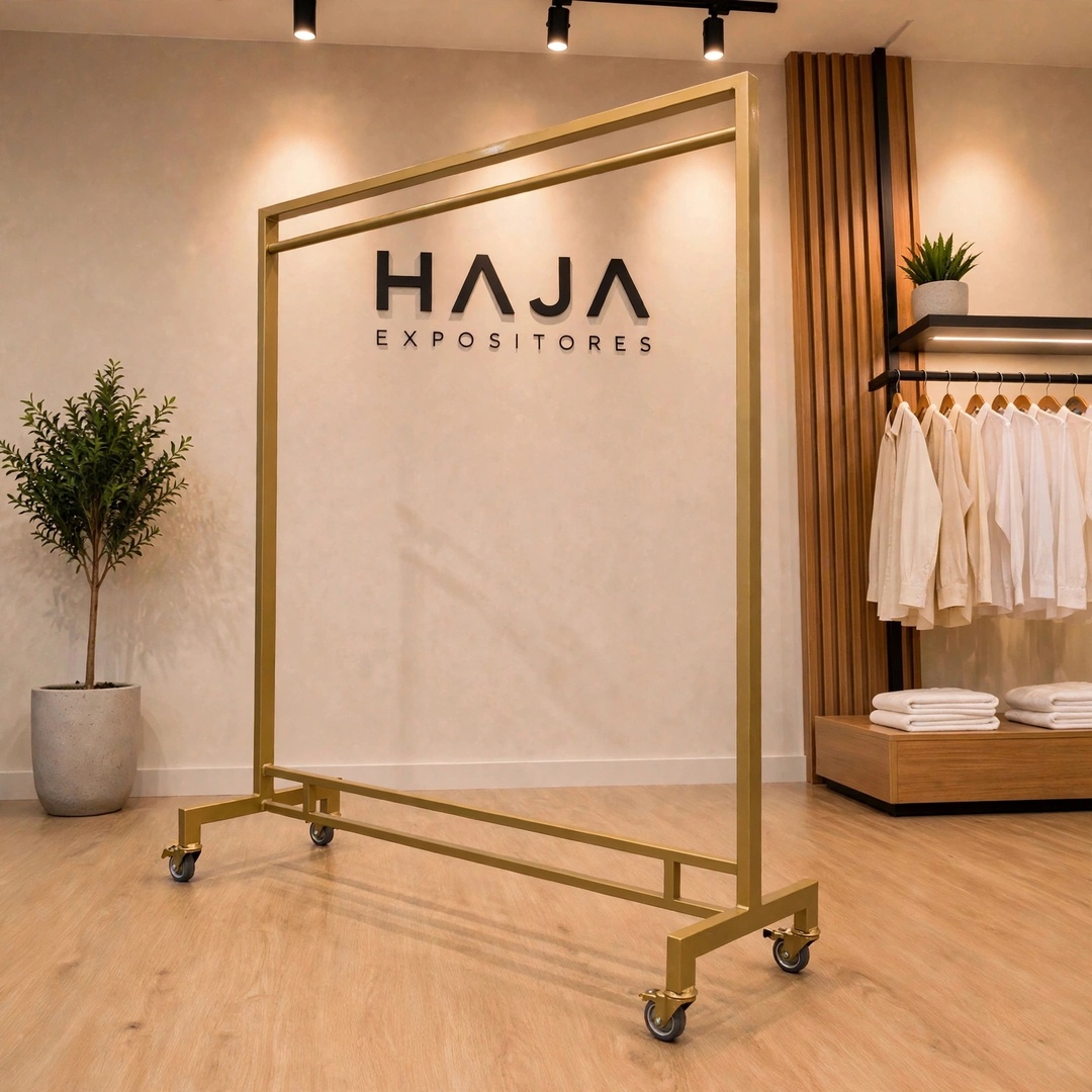 Arara Dourada de Roupa Reforçada com Rodas para peso de 2 metros de altura por 1.5 metros de largura, com pintura eletrostática fosca e rodinhas de silicone, posicionada em showroom elegante com o logotipo da HAJA Expositores ao fundo.