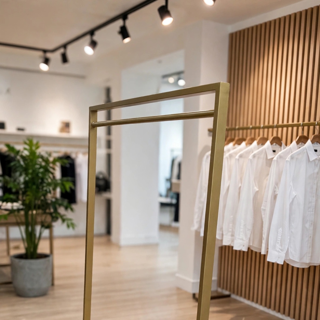 Arara Dourada de Roupa Reforçada com Rodas para peso de 2 metros de altura por 1.5 metros de largura, com pintura eletrostática fosca e rodinhas de silicone, posicionada em showroom elegante com o logotipo da HAJA Expositores ao fundo.