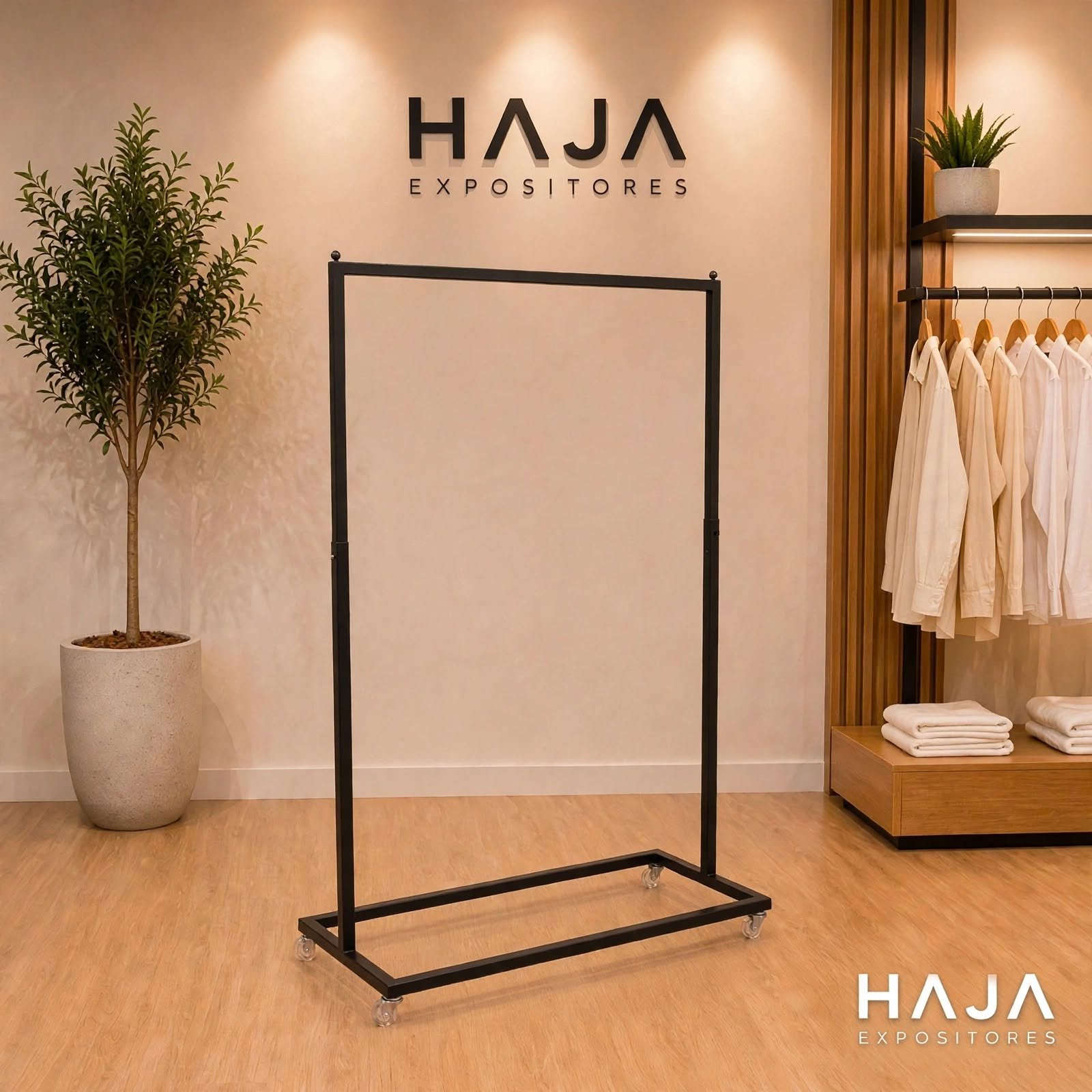 Arara Preta de Roupa Simples com Rodas de 1.7 metros de altura por 1.5 metros de largura, com pintura eletrostática preta fosca e rodinhas de silicone, posicionada em showroom elegante com o logotipo da HAJA Expositores ao fundo.
